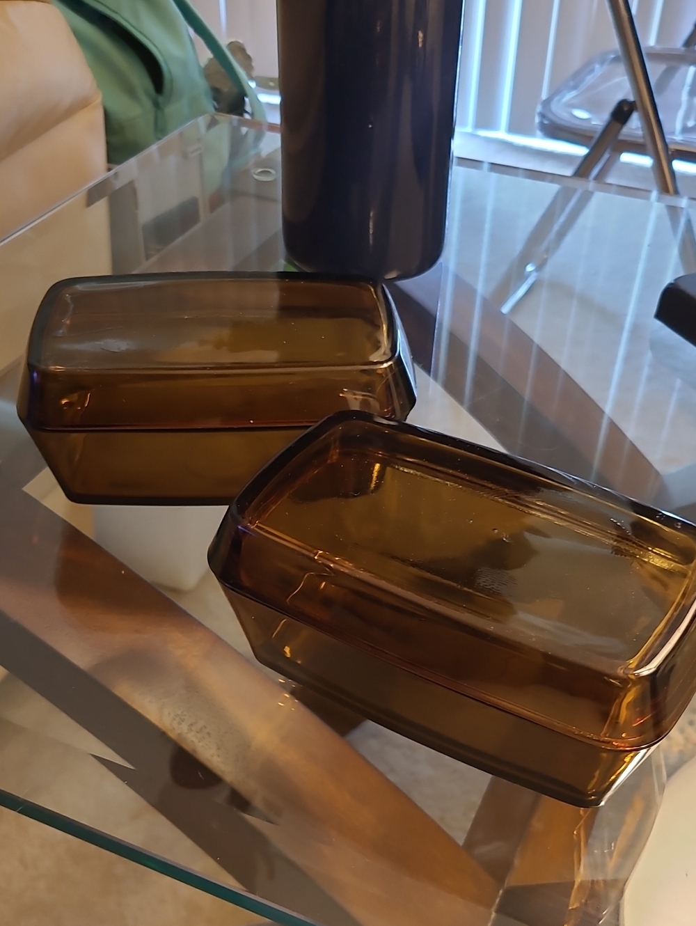 Amber Glass Rectangular Storage/Butter Dish - Set of 2